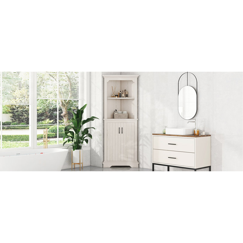 Meuble de coin beige pour salle à manger ou salle de bain - Grand espace de rangement, fini lisse, montage facile. Design élégant avec portes, angles arrondis pour plus de sécurité. Convient également au salon, à la salle de bain et à la cuisine.