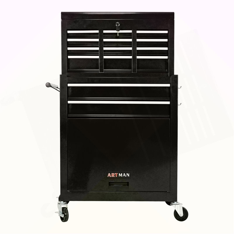 Coffre à outils roulant à grande capacité avec roulettes et tiroirs, armoire de rangement pour outils à 8 tiroirs - Noir