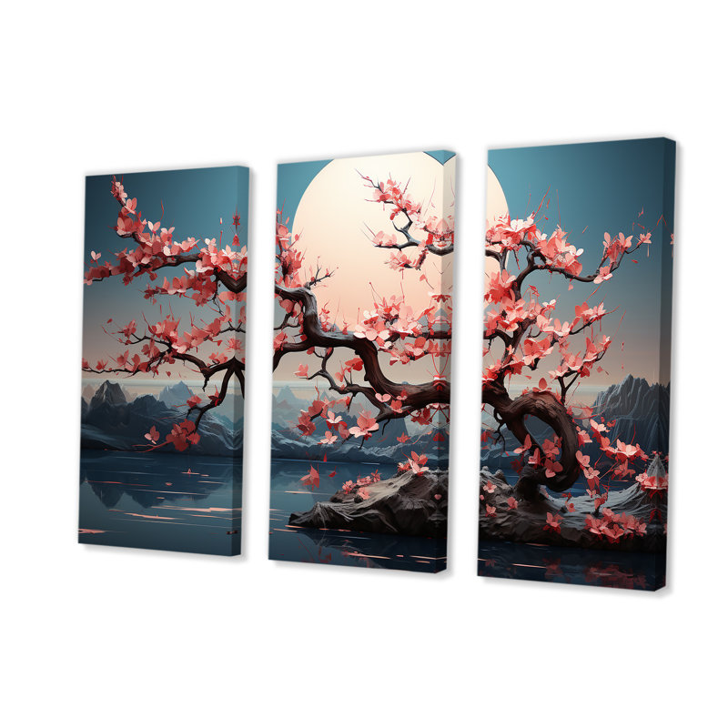 «Pink Cherry Blossom Twilight», art mural paysage romantique au Japon, H 28 po x l 36 po x P 1 po, Toile tendue