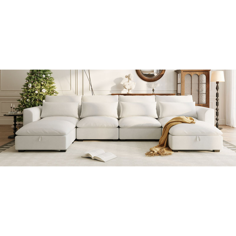 Canapé d'angle en forme de U avec deux repose-pieds U_Style Freely Transformable, Mélange de lin beige