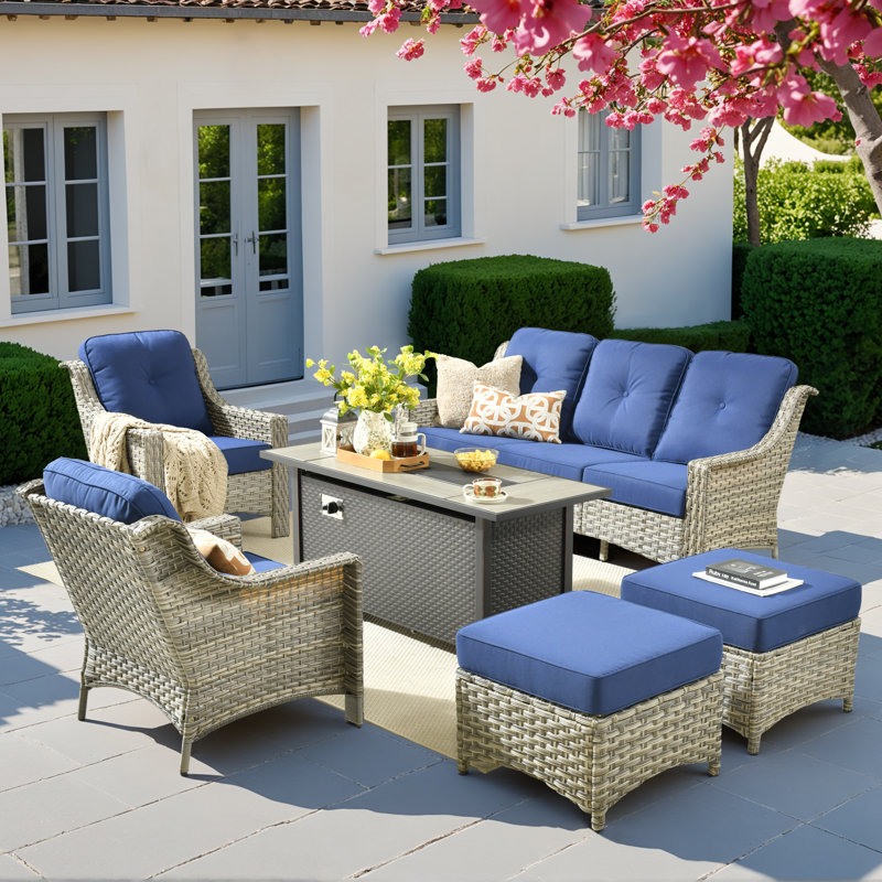 Daliya Wicker 5 - Person Patio Conversation Set with Cushions, Navy