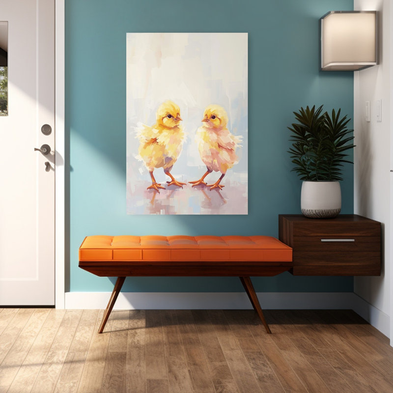 «Sweet Baby Chicks», art mural abstrait et coloré, paysage de printemps contemporain, H 48 po x l 32 po