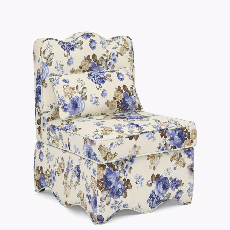 Armless Accent Chair With Floral Pattern Slipper Side Chair Upholstered Single Sofa Lounge Chair With Pillow, Blue Velvet