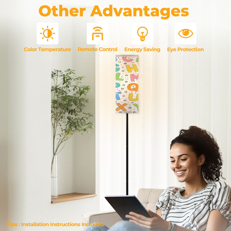  68.5" Standing Floor Lamp ABC seamless simple cartoon style Cute dinosaur alphabet print hand Dimmable Metal Pole Lamp with Linen Lampshade LED Bulb Included
