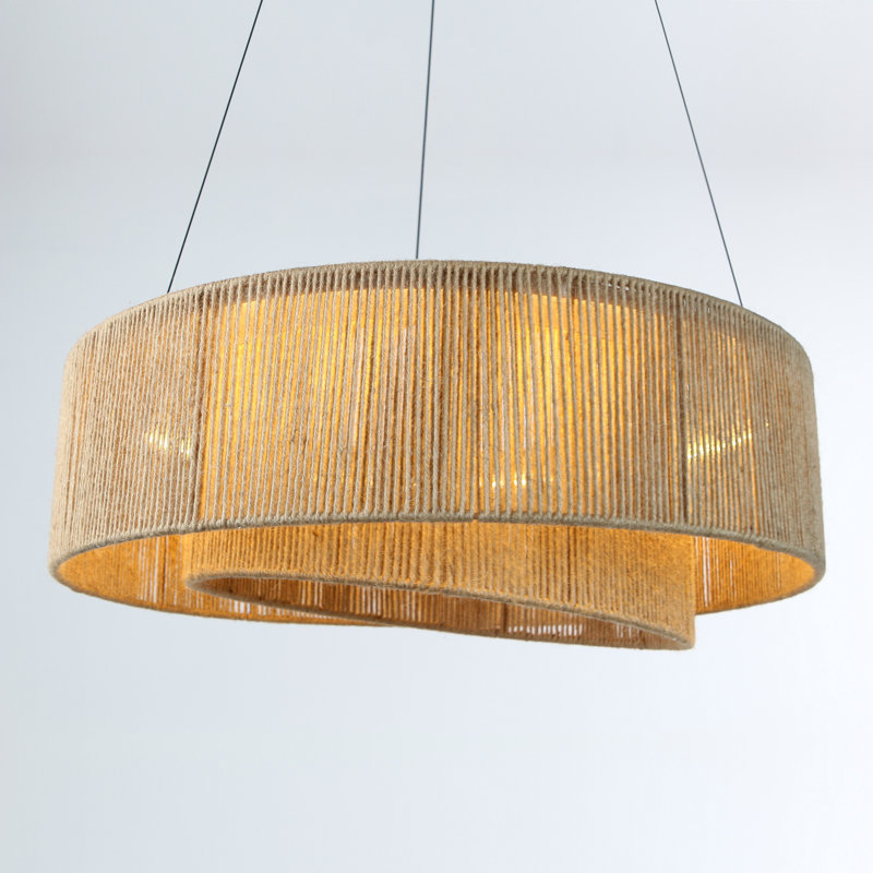 24" Modern Woven Jute Pendant Light, Double Layer Rattan Style LED Chandelier with Adjustable Cables