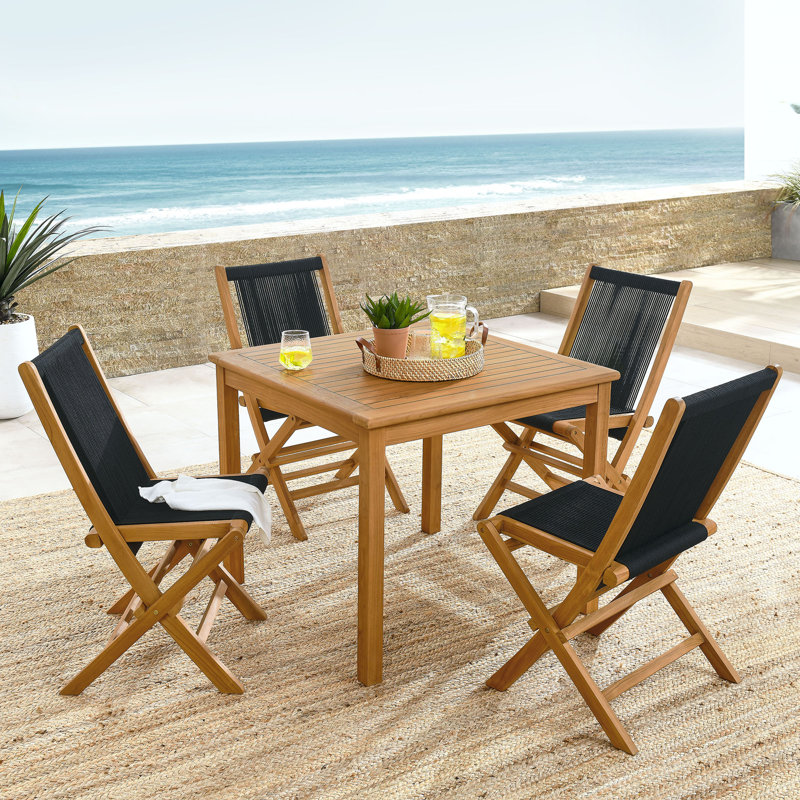 Vienna 5-Piece Outdoor Patio Teak Wood Dining Set With Rope Folding Chairs In Natural, Black