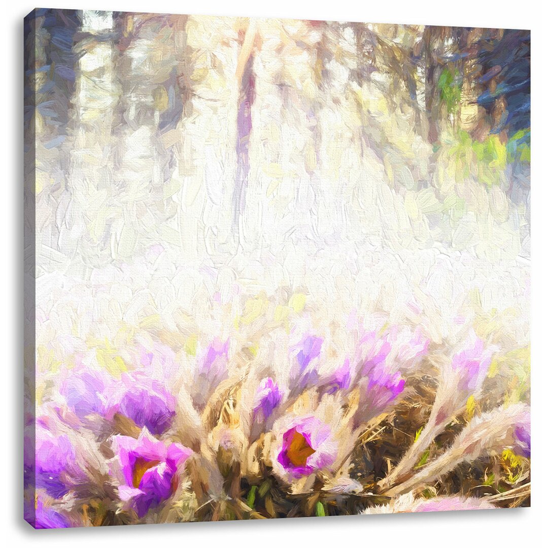 Leinwandbild Quadratisch blühende lila Blumen im Wald Kunst Pinsel Effekt