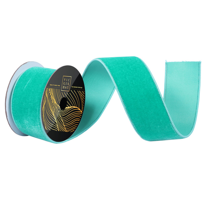 Ruban filaire en velours écume de mer de 2,5 po x 10 po Vickerman. Envers en dupion turquoise., Écume de mer, écume de mer