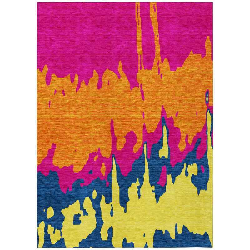 Tapis intérieur lavable abstrait orange, orange et bleu 10 pi x 14 pi Everette