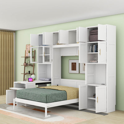 Lit escamotable double en bois avec lumière DEL, armoires de rangement, station de charge et bureau