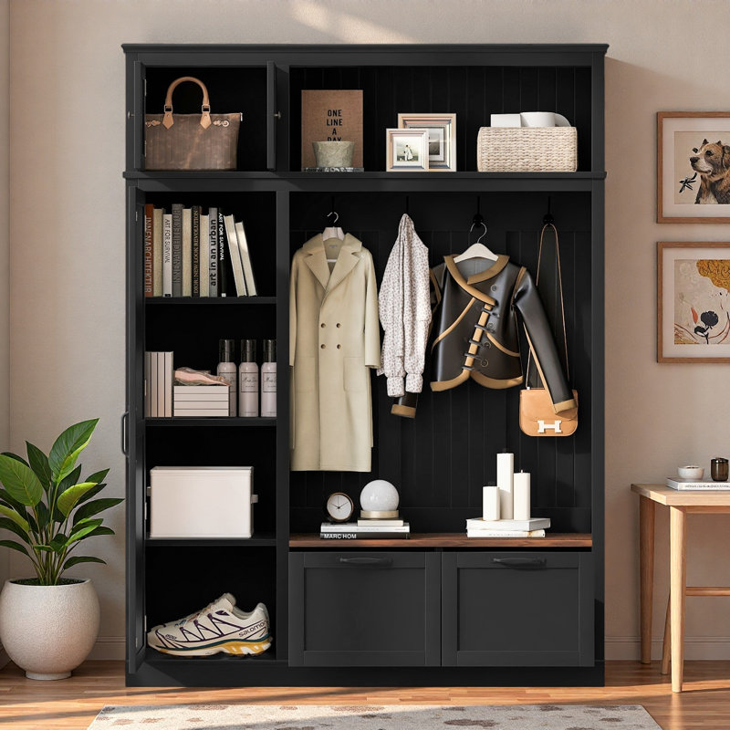 3-in-1 Hall Tree With Top Storage Cabinet, Open Storage, 3 Adjustable Side Shelves, 4 Heavy-duty Hooks, 2 Spacious Drawers And Seat Bench