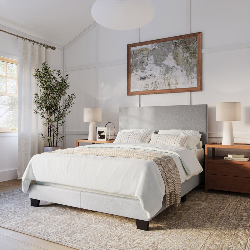 Lit tapissier Arlea, Double, Polyester gris clair
