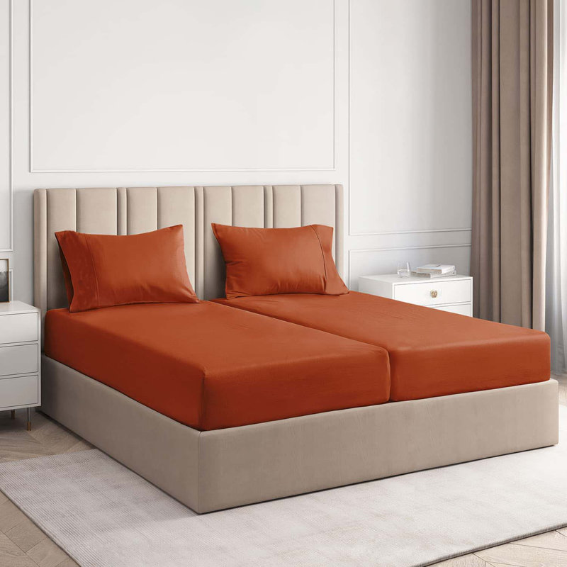 Ensemble de literie 7 pièces pour lit très grand divisé en rayonne de bambou, Orange d’automne