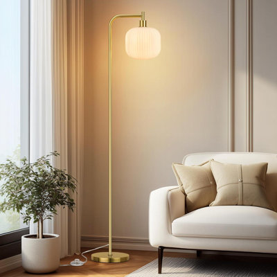 Lampe sur pied en verre pour salon, lampe sur pied moderne de 170 cm avec abat-jour en verre côtelé crème et interrupteur à pédale, lampe haute idéale pour la chambre - Crème