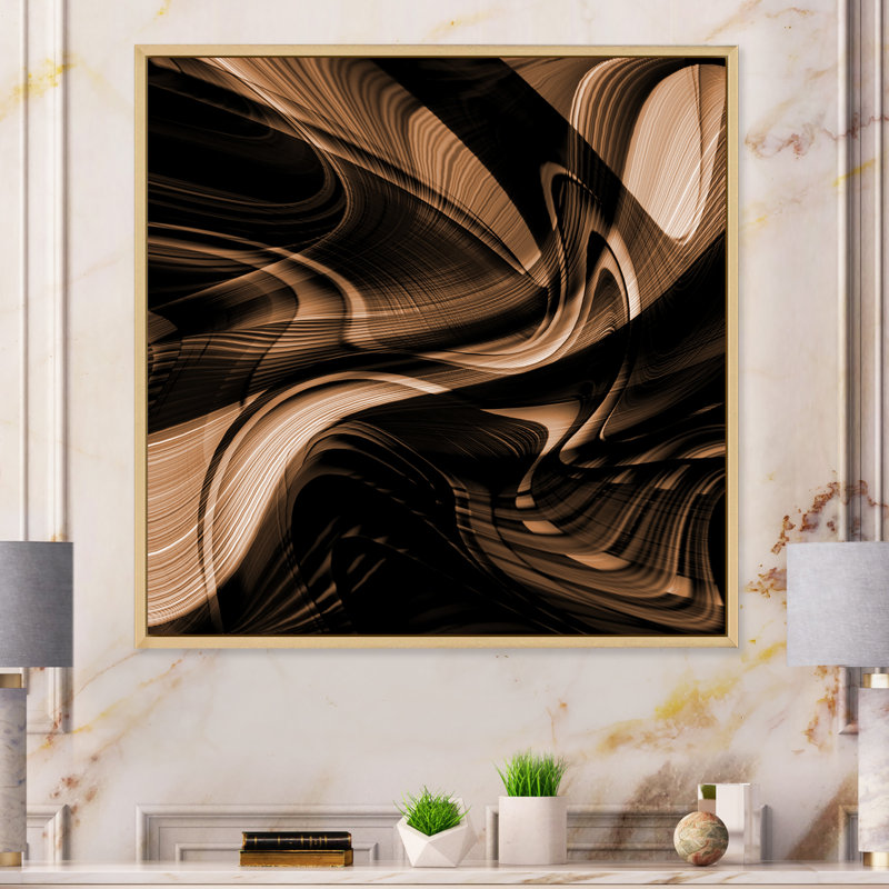 Art abstrait abstrait vague brune - art mural moderne sur toile, H 30 po x l 30 po x P 1 po, Cadre flottant brun