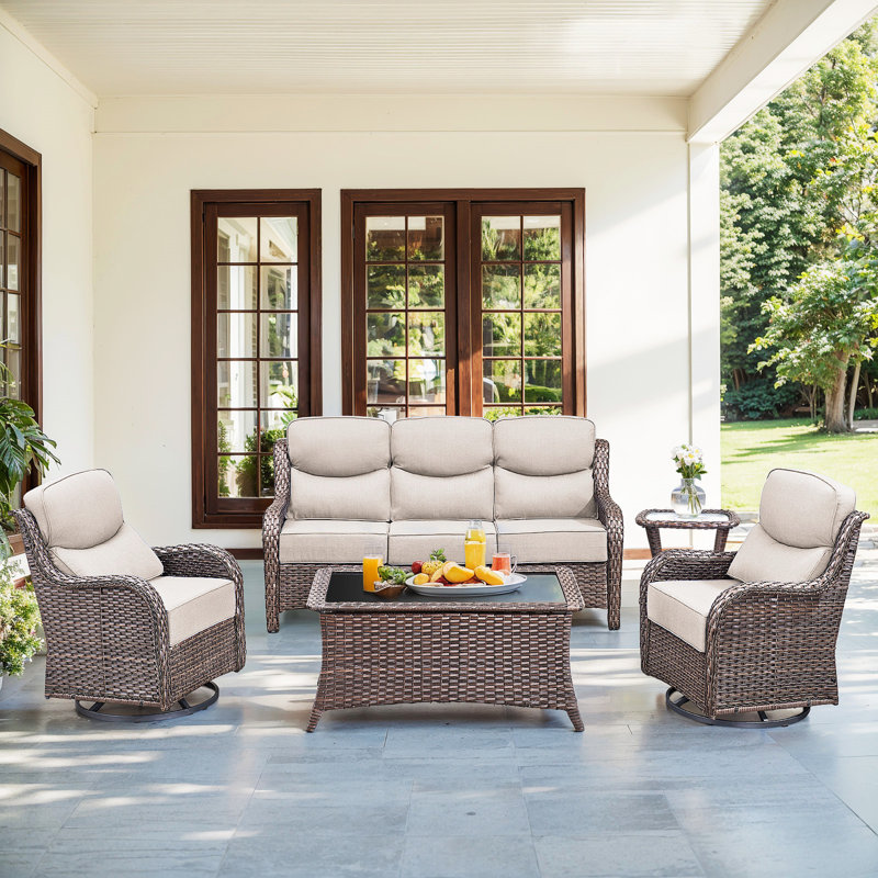  5-Piece Patio Furniture Set With Swivel Glider Chairs, 6-Inch Ultra-Plush Cushions & Water-Resistant Olefin Fabric, Beige