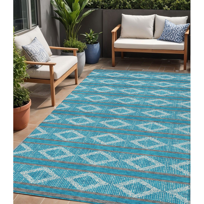 Tapis extérieur lavable géométrique bleu sarcelle et ivoire 5 pi x 8 pi