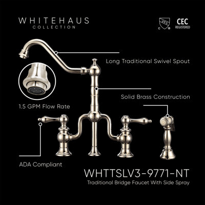 Robinet pont Whitehaus avec long bec pivotant traditionnel, douchette latérale solide