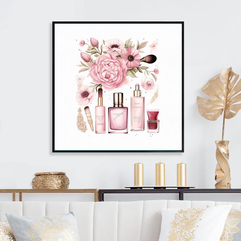 «Pink Cosmetic Elegant Make-Up Illustration», reproduction sur toile, H 30 po x l 30 po x P 1 po, Cadre photo blanc