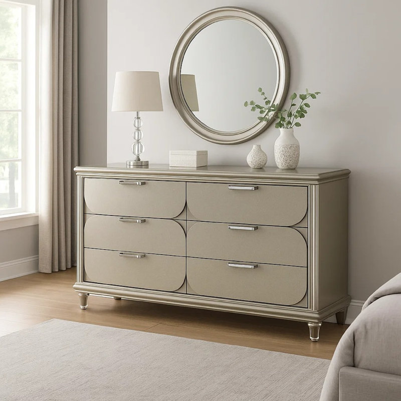 Commode large 6 tiroirs Zema, bois massif argenté avec détails en acrylique