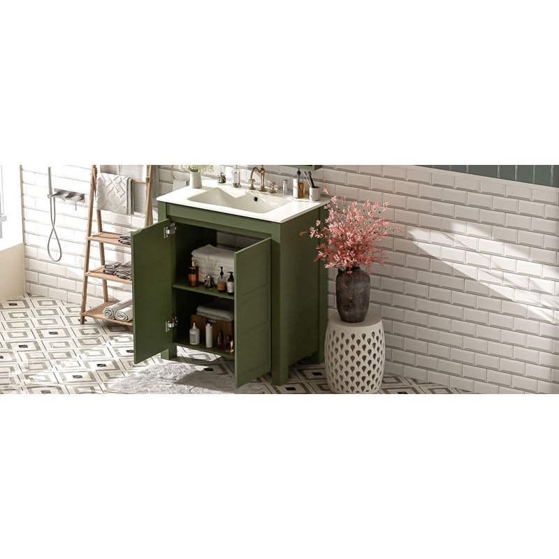 Meuble-lavabo de ferme 30 po avec lavabo en céramique, porte à fermeture en douceur, tablette réglable, armoire de rangement vert olive, structure en bois moderne, conception spacieuse et surface facile à nettoyer