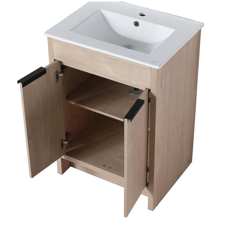 Commode de salle de bain autoportante avec lavabo en céramique blanche et 2 portes d'armoire à fermeture en douceur