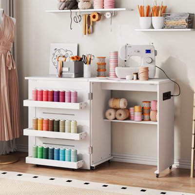 Folding Sewing Table With 3-Color Sensor Lights, Rolling Craft Station with Power Outlets