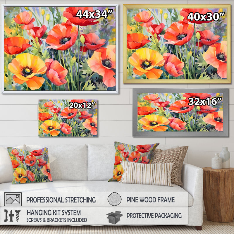 Vibrant Poppies I - impressions florales encadrées, H 24 po x l 32 po x P 1 po, Cadre flottant noir
