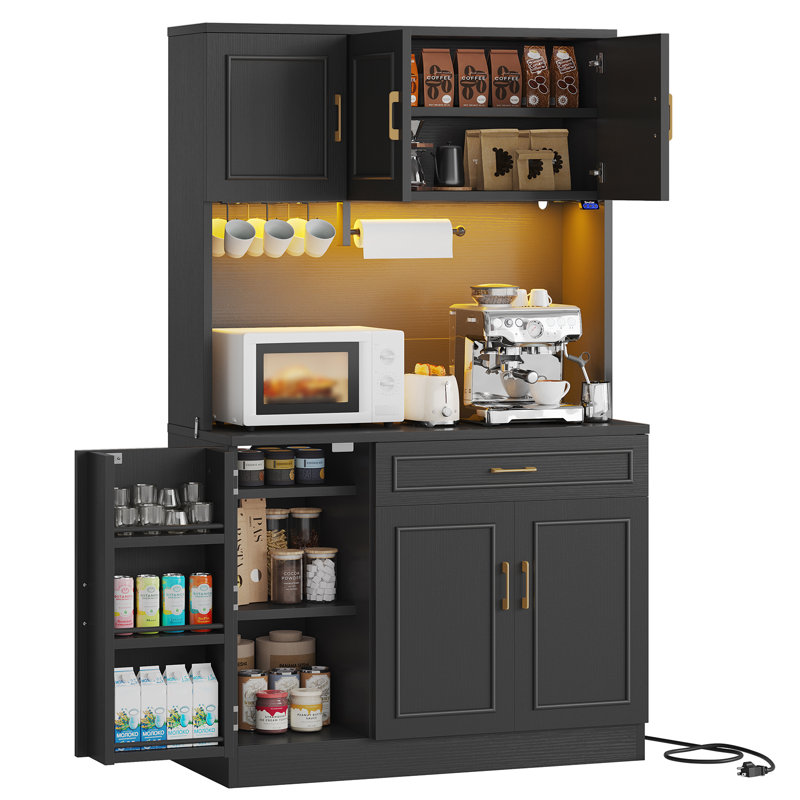 Garde-manger 71 po avec prise de courant, armoire de rangement en bois avec lumières DEL, tablettes réglables et tiroir, Noir