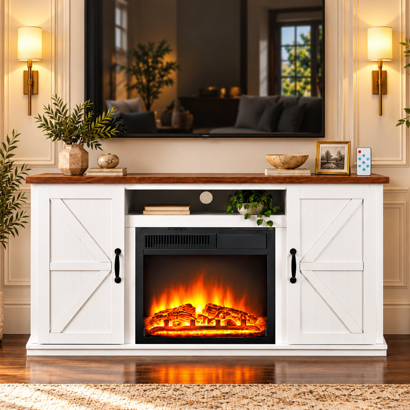 Meuble télé avec foyer électrique pour téléviseur de 55 po ou moins, foyer électrique avec luminosité de flamme à 7 niveaux, télécommande et armoires de rangement