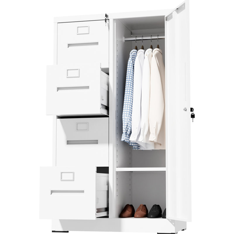 Casier de classement vertical en métal blanc, 4 tiroirs pour la chambre à coucher et le bureau, - suspension de roulement, stabilité du système de verrouillage, casier à verrouillage sécuritaire avec rails de suspension réglables, suspension lisse