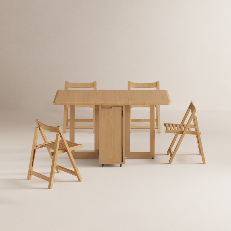 Ensemble de table de salle à manger pliable en bois massif et de 4 chaises avec rangement intégré pour chaises Oliver, Tan