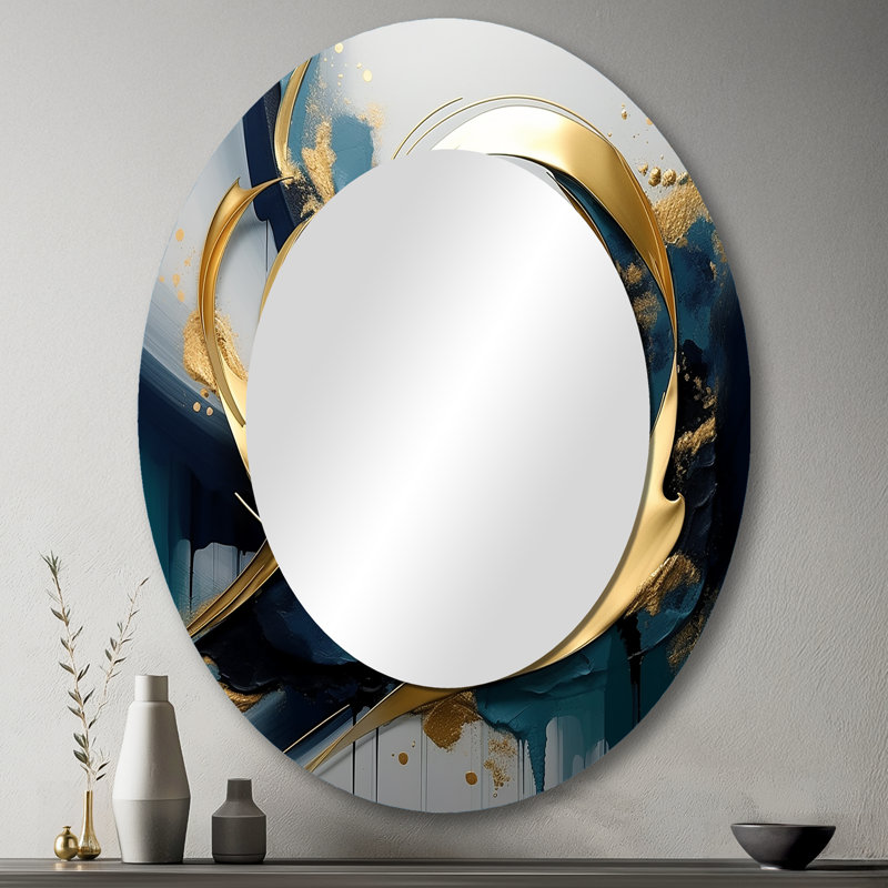 Golden Grey Abstract Fractal Whirls Of Serenity II - Large Oval Wall Mirror On Metal, 43" x 33"