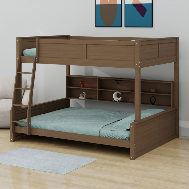 Bunk Bed With Storage Cabinets And USB Ports, Antique Wood, Full XL Over Queen