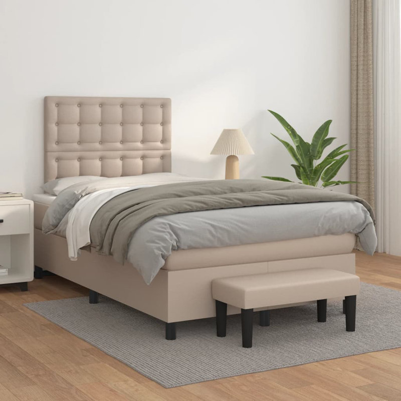  Lit sommier tapissier avec matelas cappuccino et similicuir blanc, Beige