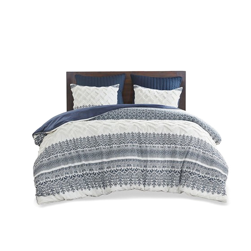 Housse de couette pour grand lit 3 pièces, capitonnage en chenille, motif blanc, chic, housse en coton à boutons double / grand, imprimé bleu marine, look, 2 taies décoratives incluses
