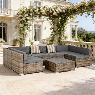 Modern Patio Sofas, Steel Rattan 7-piece Set, Entertaining Outdoor
