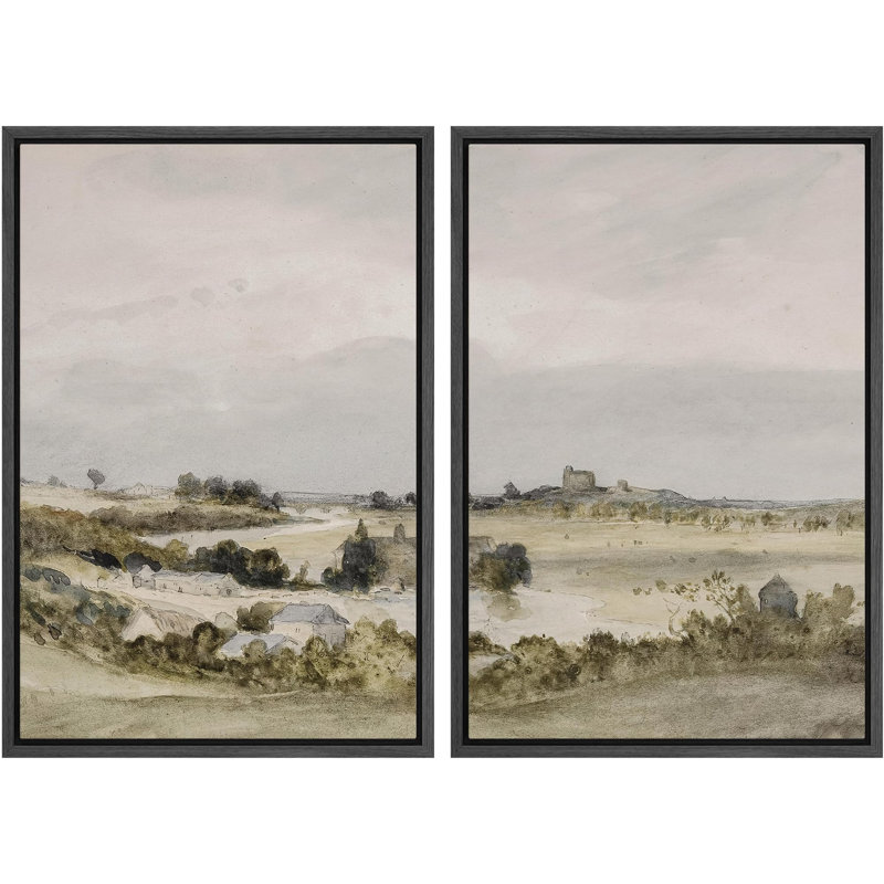 «Panoramic Vista With Ruins Classical Landscape», 2 pièces sur toile, Noir, H 36 po x l 48 po