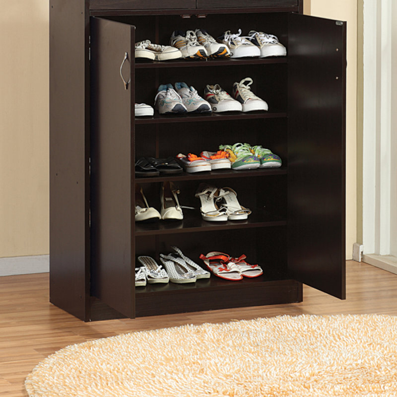 Armoire de rangement pour chaussures Range-chaussures cinq tablettes deux tiroirs Poignées incurvées en métal rouge cacao