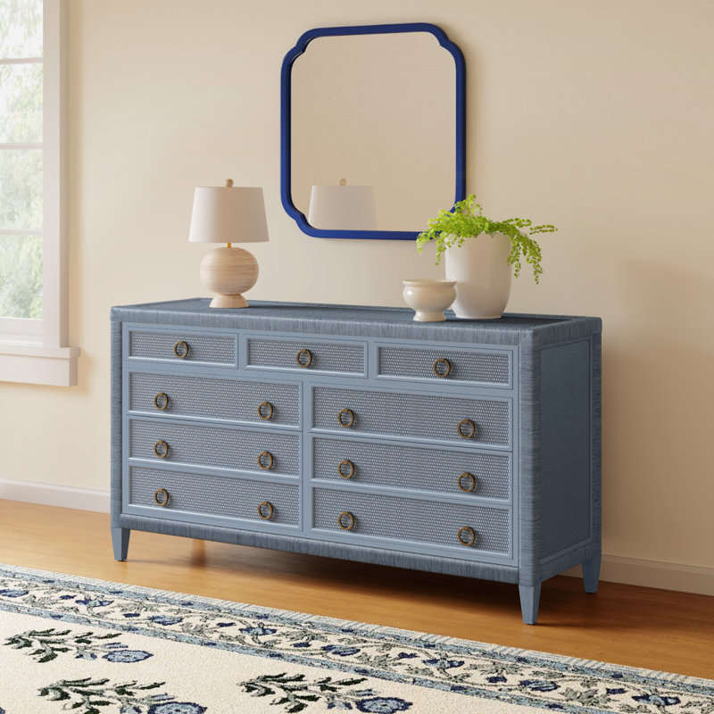 Warwick 9 Drawer Wicker Dresser, Sea Glass, Satin Brass