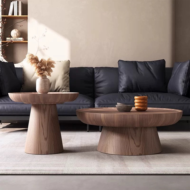 Nesting Round Coffee Table, Wood Cocktail Tables with Ash Side Table(Set of 2)