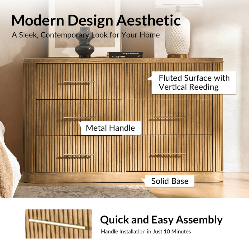 Graciana 62.25''W Modern Fluted 6-Drawer Dresser Simple Assembly, Natural