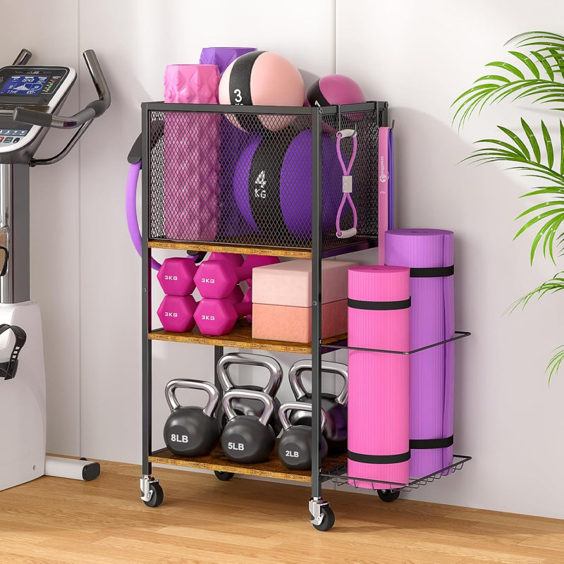 Support de rangement pour tapis de yoga, support de rangement pour gym à domicile, organisateur de rangement pour équipement d'entraînement, support de rangement de poids avec crochets et roues