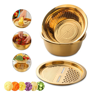 Colander, 3Pcs Stainless Steel Kitchen Tool 3 In 1 Drain Basket Fruit And Vegetable Cutter Strainer Bowl Set Drain Pot Basket Grater For Fruits Vegeta -  MARLIN MANUFACTURING COMPANY, INCORPORATED, ZXB08JTH6VQF