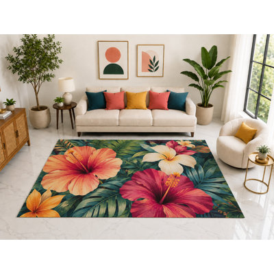 "Ultra Thin" 5' x 7' Large Floral Blossom Area Rug, Soft Low Pile Indoor Rug with Non-Slip Silicone Backing for Living Room, Bedroom, Dining Room, Office Decor