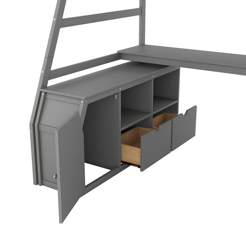 Lit mezzanine simple avec 7 tiroirs, 2 tablettes et bureau - Gris