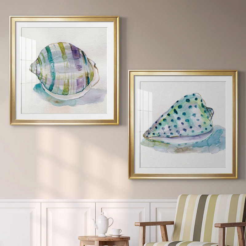 Malecon Shell III - ensemble de 2 reproductions d'art sur toile tendue, Papier avec cadre doré, Blanc