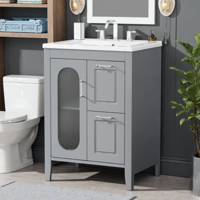 Meuble-lavabo moderne de 24 po avec lavabo, armoire blanche avec porte en verre givré, 2 tiroirs et tablette réglable, meuble-lavabo en bois massif peu encombrant pour petite salle de bain