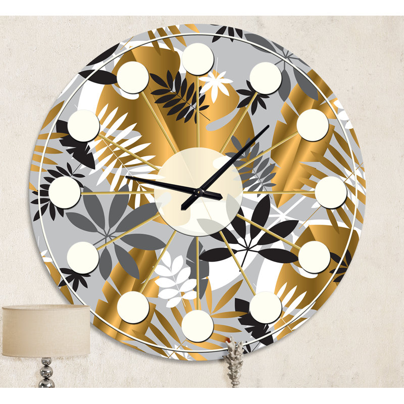Motif géométrique luxueux de feuillage de jungle - horloge murale moderne Mid-Century, Moyenne