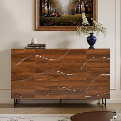 Modern Art Solid Wood Sideboard,59*16*35Inch, Wave Relief Design, Walnut Texture, Iron Legs, Living Room Storage Cabinet